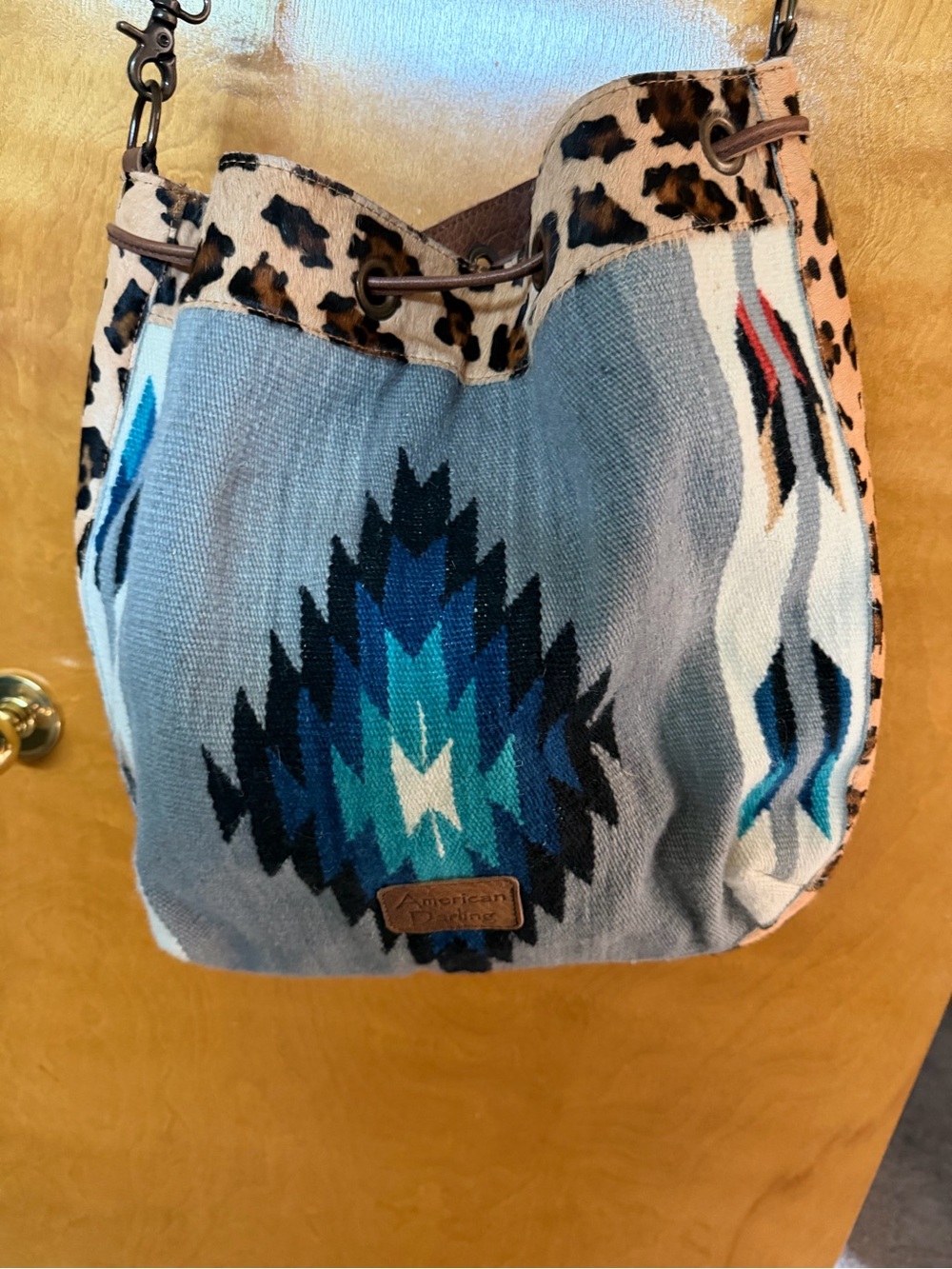 American Darling Blue and Teal Southwestern Shoulder Bag with Leopard Trim